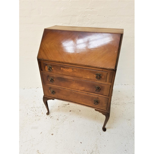 655 - MAHOGANY BUREAU
with a quarter veneer fall flap opening to reveal a fitted interior, with three grad... 