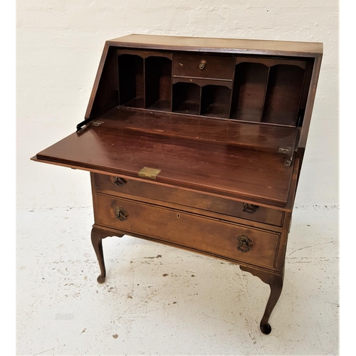 655 - MAHOGANY BUREAU
with a quarter veneer fall flap opening to reveal a fitted interior, with three grad... 