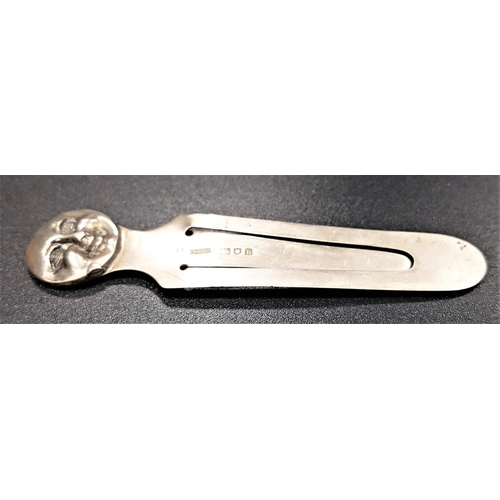 138 - EDWARDIAN SAMPSON MORDAN & CO. SILVER BOOKMARK
with man in the moon finial above plain polished mark... 