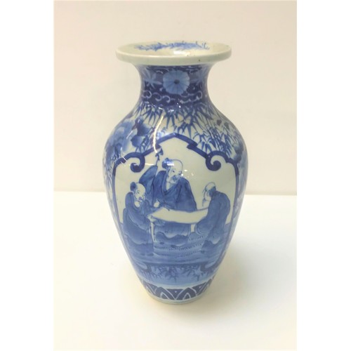 226 - CHINESE BLUE AND WHITE VASE
of baluster form, decorated with panels of scholars surrounded by bamboo... 