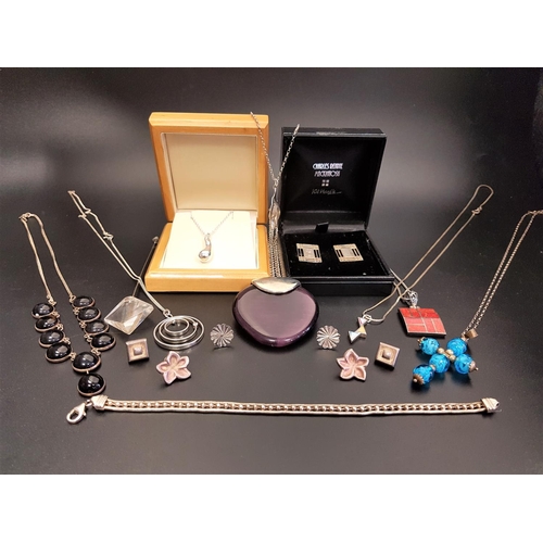 65 - SELECTION OF SILVER JEWELLERY
including a large purple glass pendant with silver mount and chain, a ... 