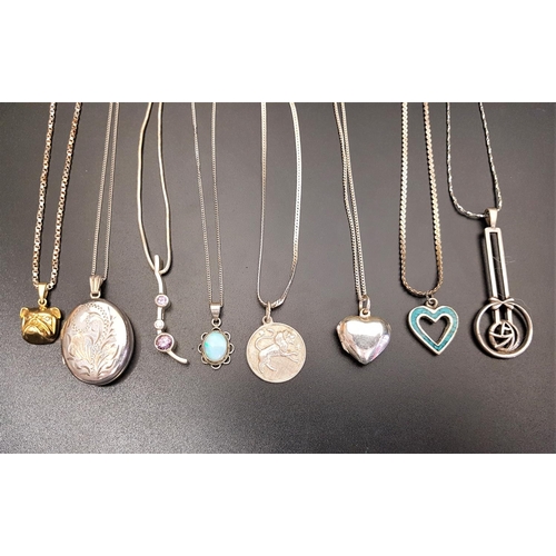 91 - EIGHT SILVER PENDANTS ON CHAINS
including a cabochon opal pendant, a scroll engraved oval locket, a ... 