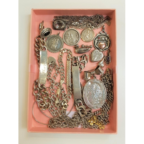 92 - GOOD SELECTION OF SILVER JEWELLERY
including three identity style bracelets, a large locket and bow ... 