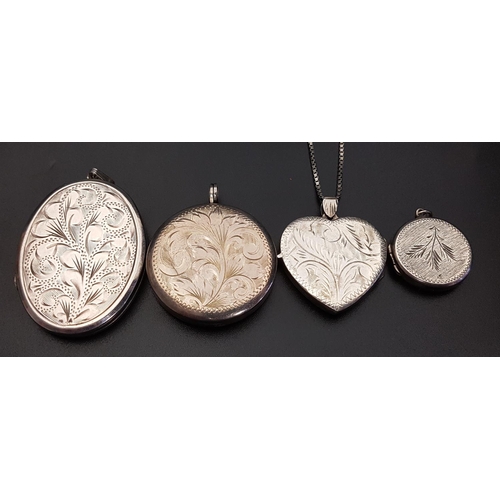 100 - FOUR SILVER LOCKET PENDANTS
all with engraved decoration, comprising a large oval example, 4.2cm hig... 