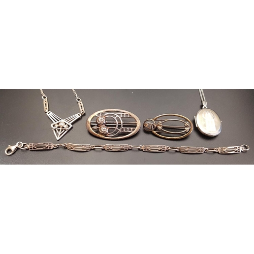 128 - SELECTION OF CHARLES RENNIE MACKINTOSH STYLE SILVER JEWELLERY
comprising a necklace with Glasgow ros... 