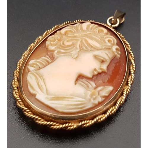 129 - SHELL CAMEO PENDANT
depicting a female bust in profile, in nine carat gold mount, approximately 5cm ... 