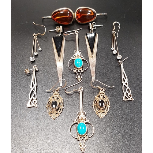 133 - SIX PAIRS OF SILVER AND SILVER MOUNTED DROP EARRINGS
including a pair of Art Deco style black agate ... 