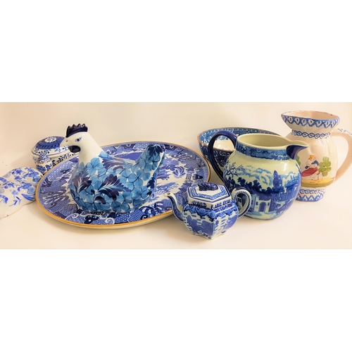 49 - MIXED LOT OF CHINA
including a large blue and white Copeland charger with a later applied brass cent... 