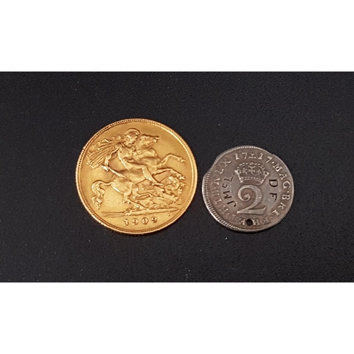 432 - EDWARD VII GOLD HALF SOVEREIGN COIN
dated 1909; together with a George I 2 pence coin, dated 1717, w... 