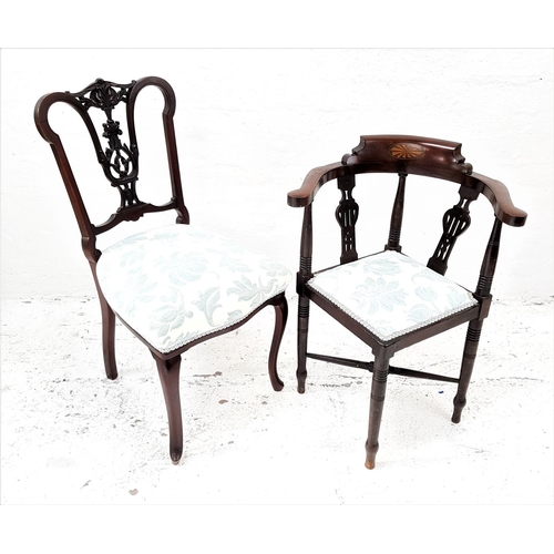 456 - EDWARDIAN MAHOGANY AND INLAID CORNER ARMCHAIR
with a shaped top rail supported by pierced and turned... 