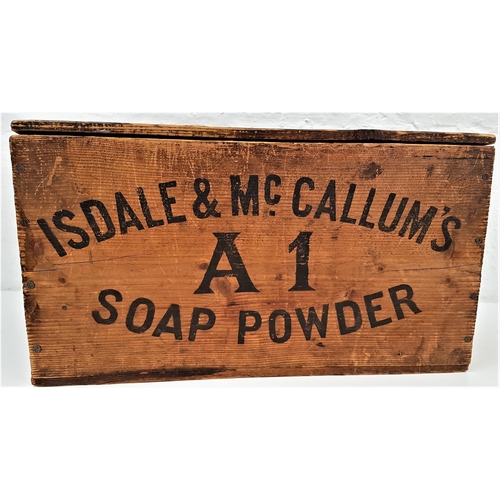 479 - VINTAGE PINE BOX
with a lift up lid, branded for 'Isdale & McCallums A1 Soap Powder', 42cm wide