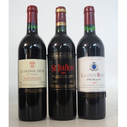 600 - 3 VINTAGE BORDEAUX REDS
3 bottles.  LACOSTE-BORIE, Pauillac 1986 Vintage,  750ml.  12.5% abv.  Speci... 