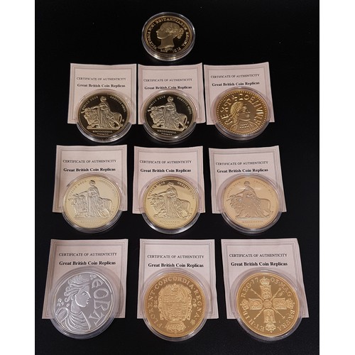 424 - GREAT BRITISH COIN REPLICAS PROOF COINS
comprising Six 1839 Una and the lion gold plated coins, Quee... 