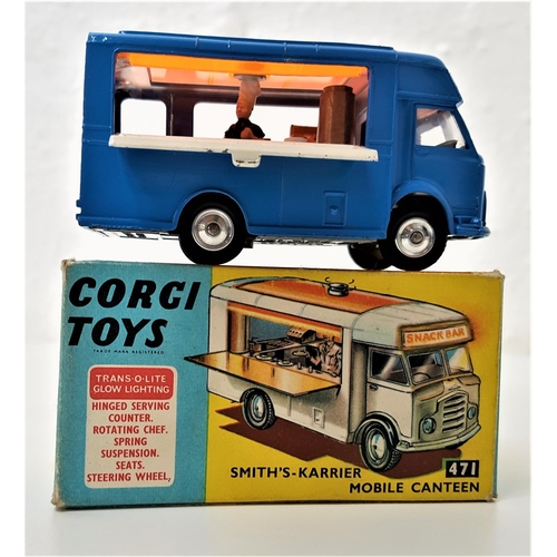 401 - VINTAGE CORGI 471 SMITHS-KARRIER MOBILE CANTEEN
Joe's Diner with a blue body and fold down serving h... 