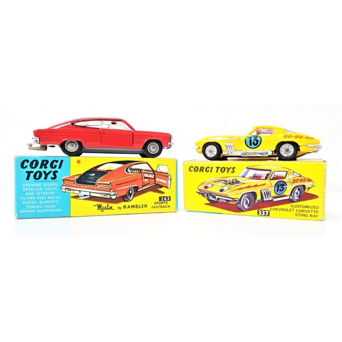 402 - VINTAGE CORGI 337 CUSTOMIZED CHEVROLET CORVETTE STINGRAY
in yellow with a red interior, boxed, toget... 