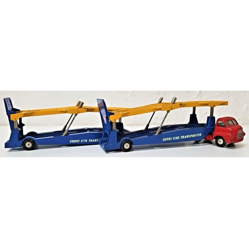 407 - TWO VINTAGE CORGI CARRIMORE CAR TRANSPORTERS
with red Bedford tractor units and blue and yellow trai... 