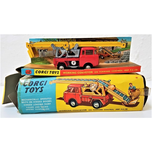 408 - VINTAGE CORGI 64 WORKING CONVEYOR
mounted on a Forward Control Jeep in red, with box and card insert