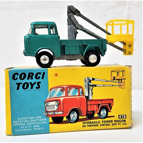 409 - VINTAGE CORGI 478 HYDRAULIC TOWER WAGON
on a Forward Control Jeep FC-150, in metallic green with ori... 