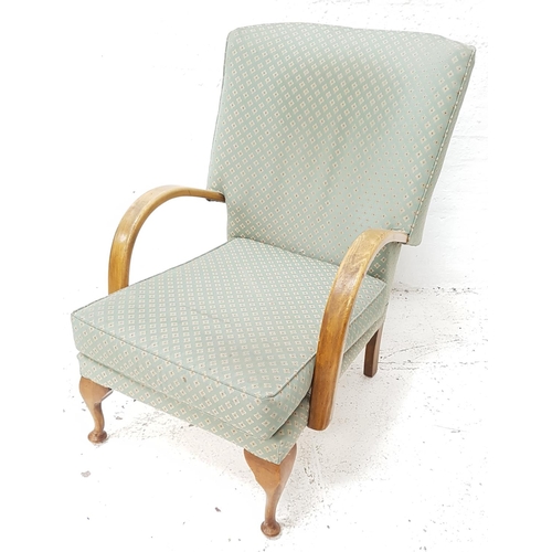 485 - ELM FRAME ARMCHAIR
with a shaped padded back and seat, with curved arms, standing on front cabriole ... 