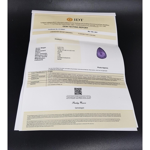 70 - CERTIFIED LOOSE AMETHYST
the pear cut amethyst weighing 6cts, with IDT certificate