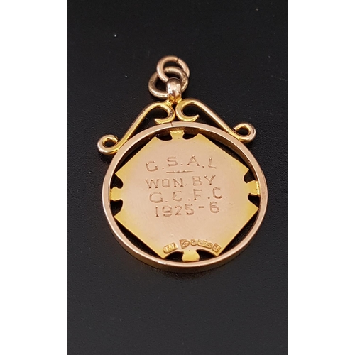 62 - NINE CARAT GOLD MEDAL FOB
the reverse engraved 'C.S.A.L. Won by C.C.F.C 1925-6', approximately 5.1 g... 