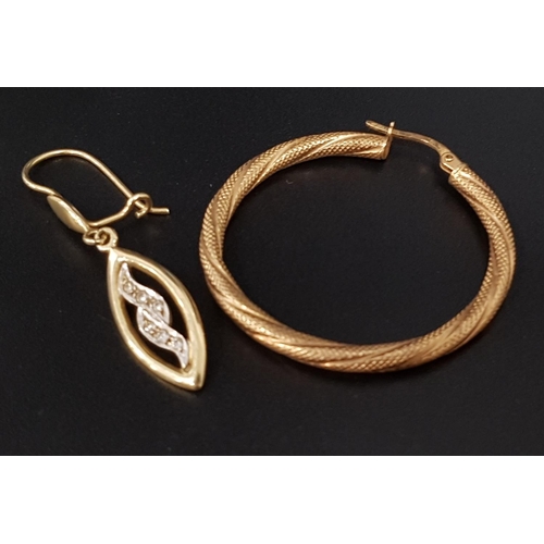 79 - SINGLE NINE CARAT GOLD HOOP EARRING
approximately 0.8 grams; together with a single fourteen carat g... 