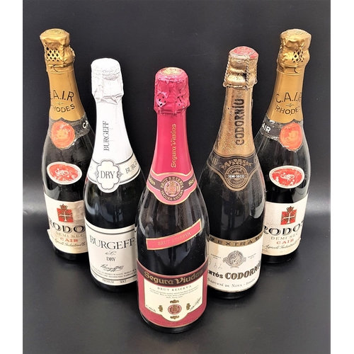 598 - FIVE BOTTLES OF CAVA AND SPARKLING WINE
of various ages, comprising two bottles of C.A.I.R Rhodes De... 