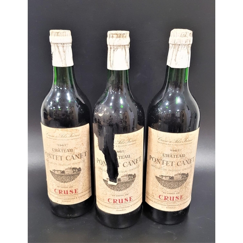 617 - CHATEAU PONTET CANET 1967
three bottles of Pauillac Red Bordeaux wine. produced by Cruse & Fils Frer... 