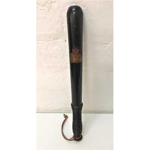 337 - 19th CENTURY TRUNCHEON
with indistinct inlaid cypher, the turned body with ribbed handle and leather... 