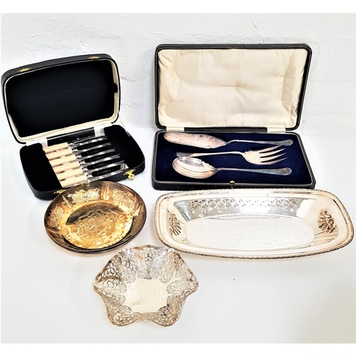 172 - MIXED LOT OF SILVER PLATE
including an oval presentation tray with inscription, a pair of shaped and... 