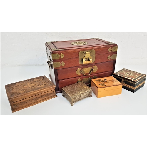 293 - SELECTION OF BOXES
comprising a Chinese brass mounted jewellery box, hexagonal teak and brass inlaid... 