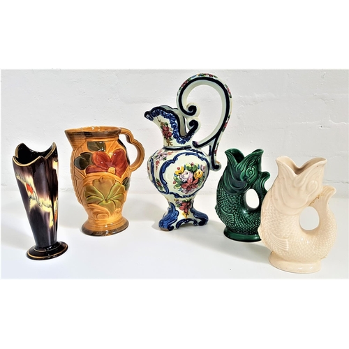 198 - MIXED LOT OF CERAMICS
including a West German mottled vase, two fish shaped water jugs, Wade Heath j... 