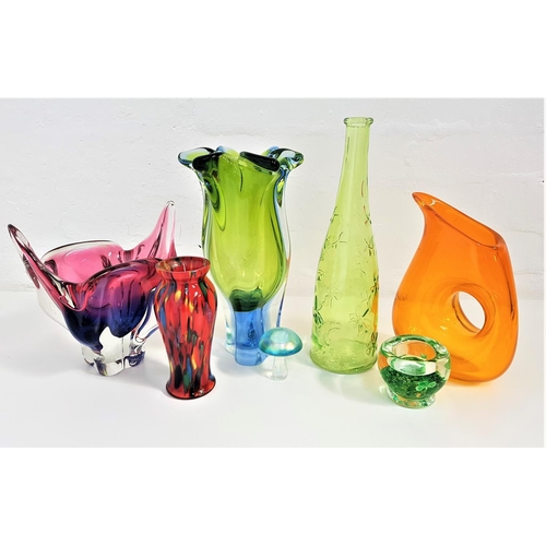 204 - SELECTION OF COLOURED GLASSWARE
including a Vasart style green and blue irregular shape vase, a pink... 