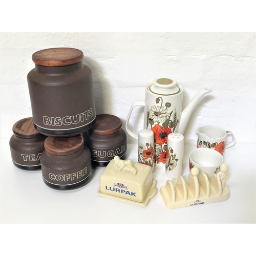 272 - RETRO MEAKIN COFFEE POT
with lid, milk jug, sugar bowl, salt and pepper, decorated with a white grou... 