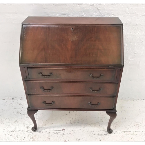 482 - MAHOGANY BUREAU
with an inset fall flap and fitted interior above three long graduated drawers, stan... 