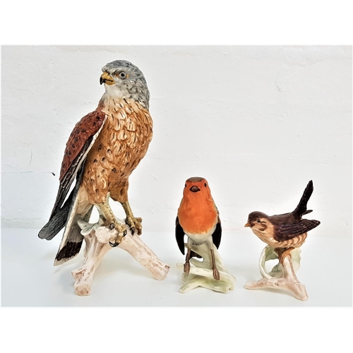 182 - THREE GOEBEL BIRD ORNAMENTS
comprising a Kestrel, impressed mark CV 110 and 1969, 23.2cm high; a Rob... 