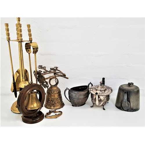 331 - MIXED LOT OF METALWARE
including a brass companion set, two brass swing door bells, various hand bel... 