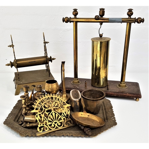 338 - SELECTION OF BRASSWARE
including a table gong, pair of barley twist chamber sticks, 30cm high, two p... 