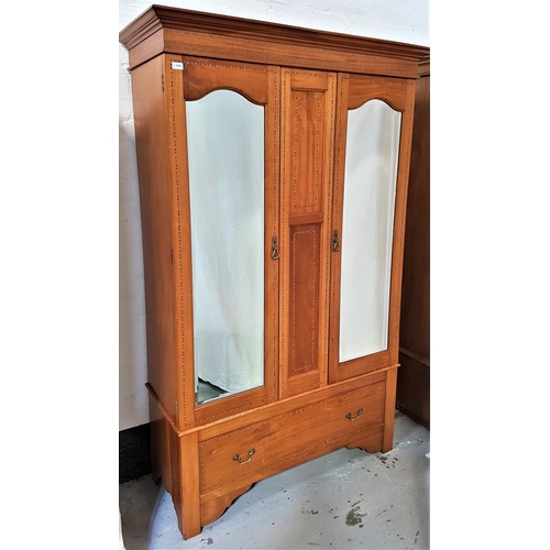 459 - EDWARDIAN MAHOGANY AND INLAID WARDROBE
with a moulded pediment above a central double panel section ... 