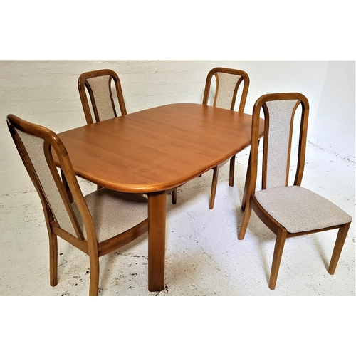 473 - TEAK D END DINING TABLE AND CHAIRS
the table with a pull apart top revealing a fold out leaf, standi... 