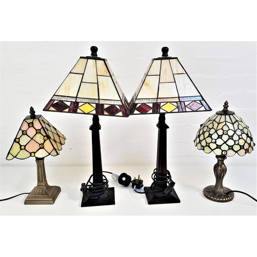 595 - PAIR OF TIFFANY STYLE TABLE LAMPS
with tapering square opaque and coloured glass shades on tapering ... 