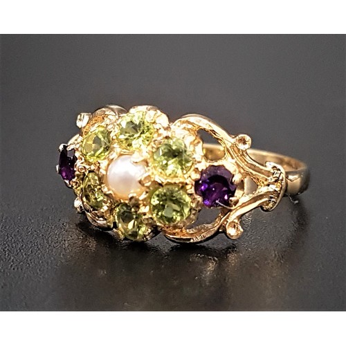 77 - PRETTY 'SUFFRAGETTE' CLUSTER RING
the central pearl in peridot surround and flanked by amethysts, th... 