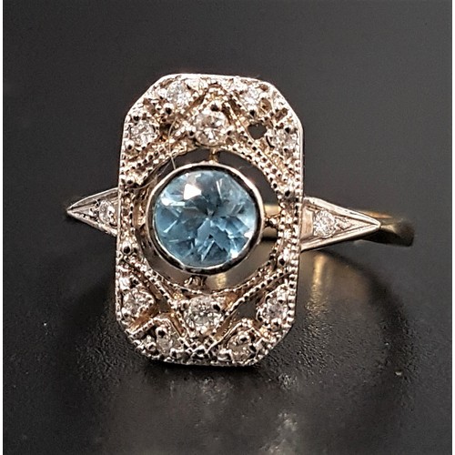 102 - AQUAMARINE AND DIAMOND CLUSTER PLAQUE RING
the central round cut aquamarine approximately 0.6cts in ... 