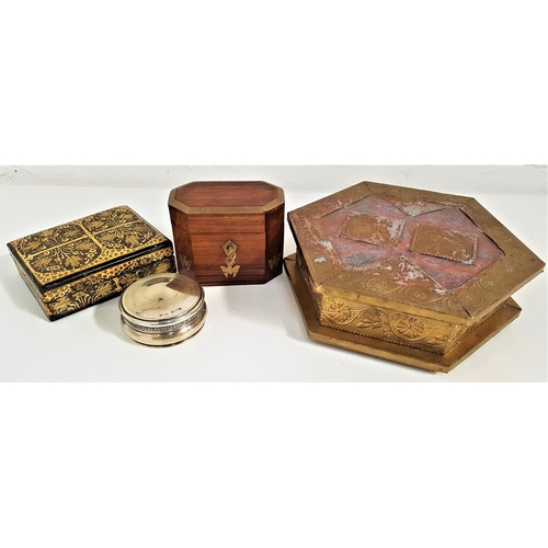 293 - SELECTION OF BOXES
comprising a Chinese brass mounted jewellery box, hexagonal teak and brass inlaid... 