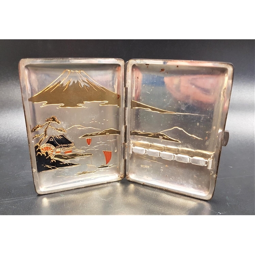 185 - JAPANESE SILVER AND MIXED METAL INLAID CIGARETTE CASE
with engraved Mount Fuji and landscape scene, ... 