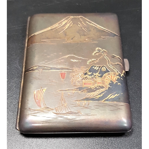 185 - JAPANESE SILVER AND MIXED METAL INLAID CIGARETTE CASE
with engraved Mount Fuji and landscape scene, ... 