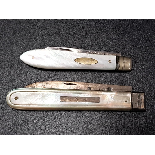 209 - TWO SILVER BLADE AND MOTHER OF PEARL FRUIT KNIVES
one Victorian example with rubbed marks, the other... 