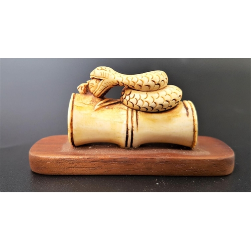 334 - JAPANESE IVORY NETSUKE
depicting a snake atop a section of bamboo eating a mouse, with signature to ... 