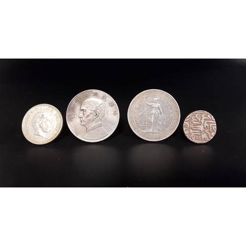 455 - INDIA MUGHAL EMPIRE SILVER RUPEE
together with a silver Chinese one Yuan junk dollar, Carlos I silve... 