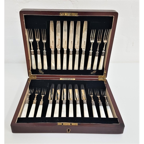 206 - CASED SET OF TWELVE SILVER FRUIT KNIVES AND FORKS
with mother of pearl handles, marked Sheffield 192... 